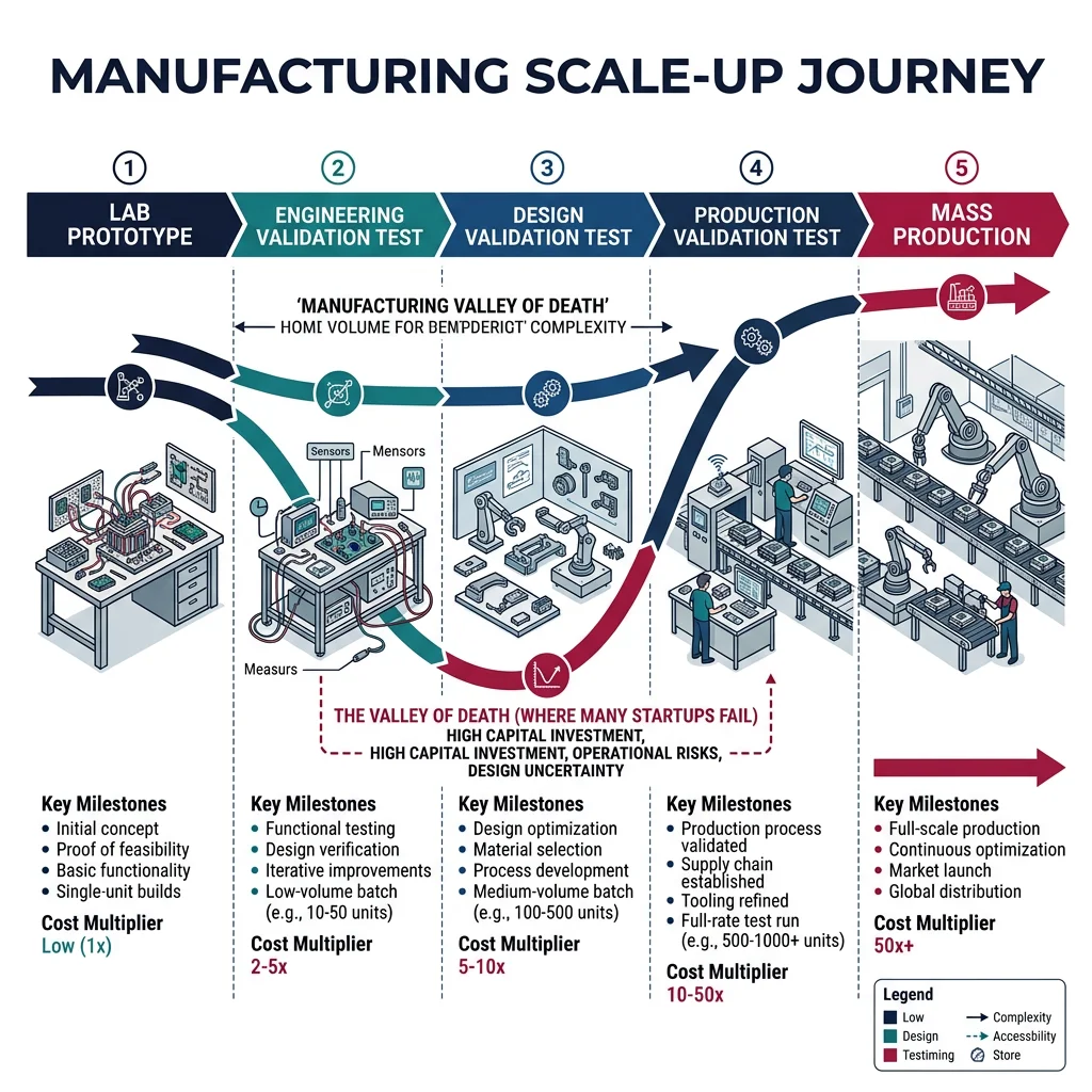 Diagram showing the manufacturing scale-up journey from lab prototype through EVT, DVT, PVT to mass production