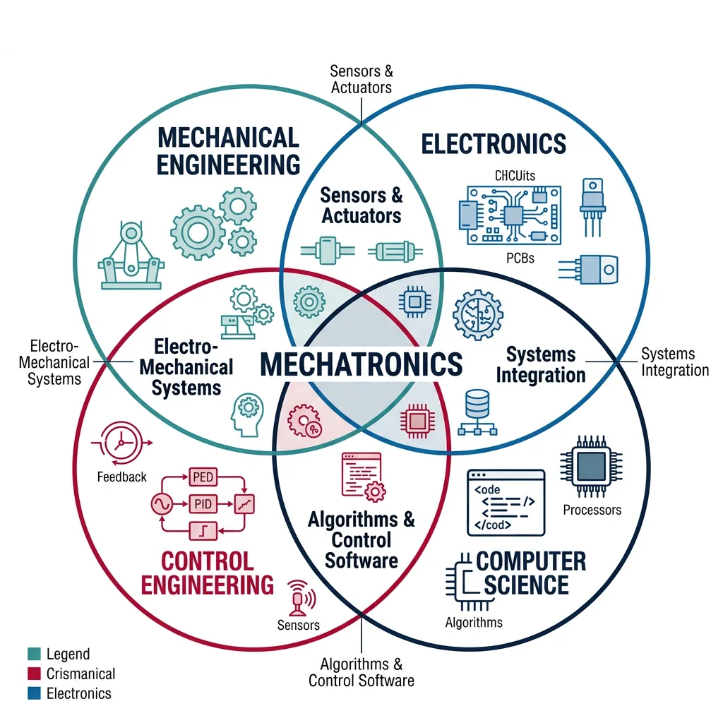 Venn diagram showing mechatronics as the convergence of mechanical engineering, electronics, control engineering, and computer science