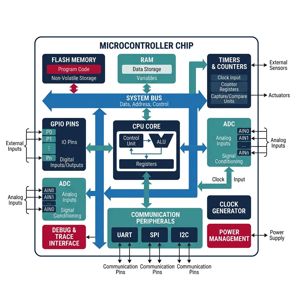 Block diagram of a microcontroller chip showing CPU core, Flash memory, RAM, GPIO pins, ADC, timers, and communication peripherals integrated on one die