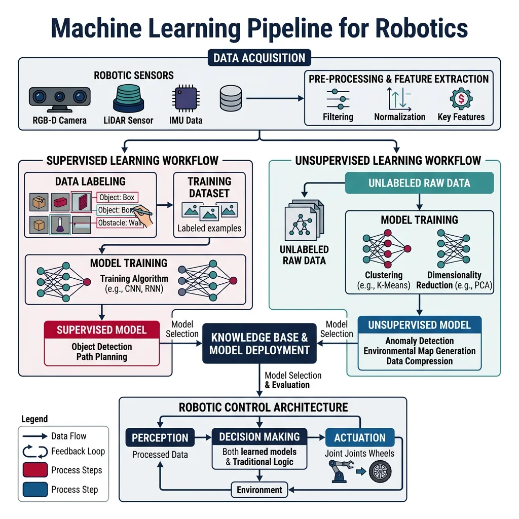 Machine learning pipeline showing supervised and unsupervised learning workflows for robotics applications