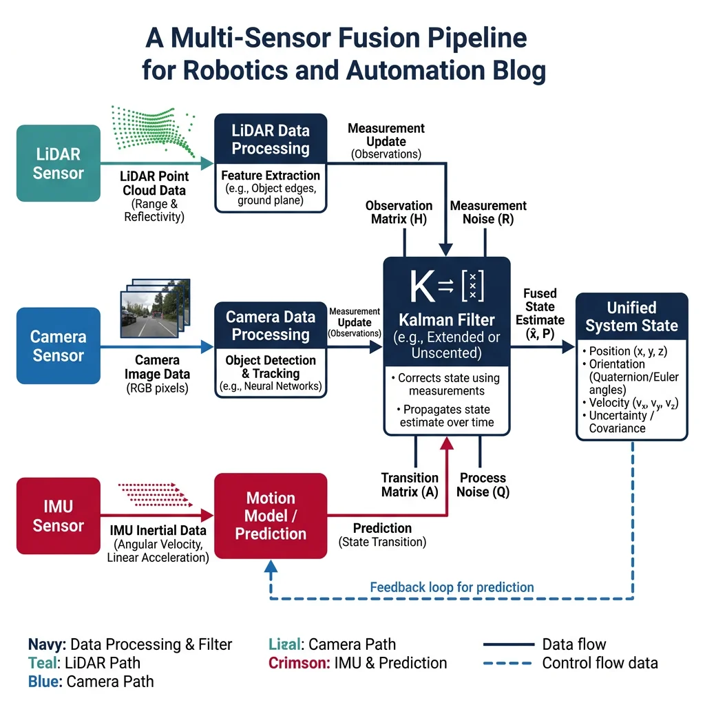 Block diagram of multi-sensor fusion pipeline showing LiDAR, camera, and IMU data flowing into a Kalman filter to produce a unified state estimate