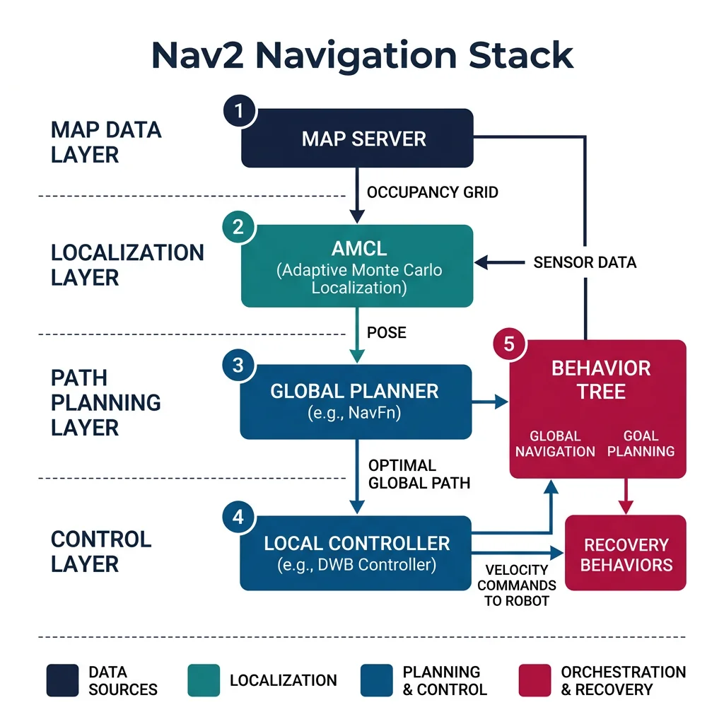 Nav2 navigation stack architecture showing map server, AMCL localization, global planner, local controller, and behavior tree orchestration layers