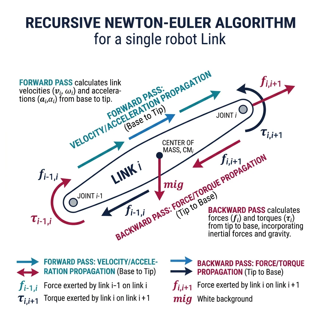 Free body diagram of a robot link showing forces, torques, and the two-pass recursive Newton-Euler algorithm