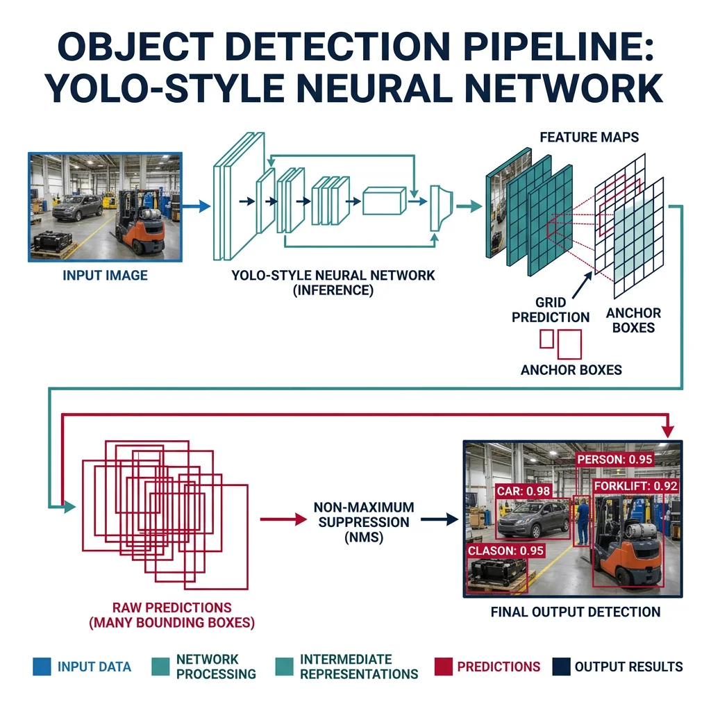 Object detection pipeline showing input image with bounding boxes, confidence scores, and class labels produced by a YOLO-style neural network