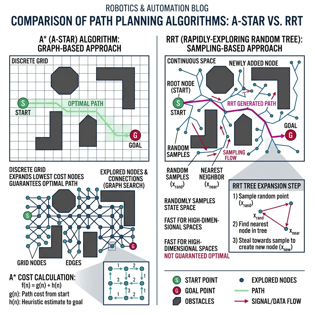 Comparison of A-star and RRT path planning algorithms showing graph-based vs sampling-based approaches on a grid with obstacles