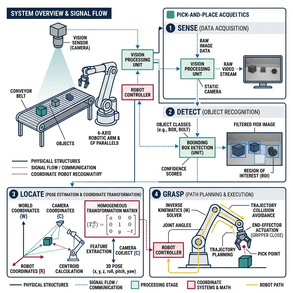 Pick-and-place pipeline diagram showing sense, detect, locate, and grasp stages with camera to robot arm coordination