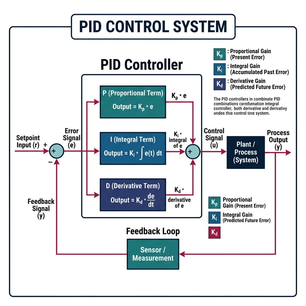 Diagram showing PID controller components with proportional, integral, and derivative terms acting on error signal