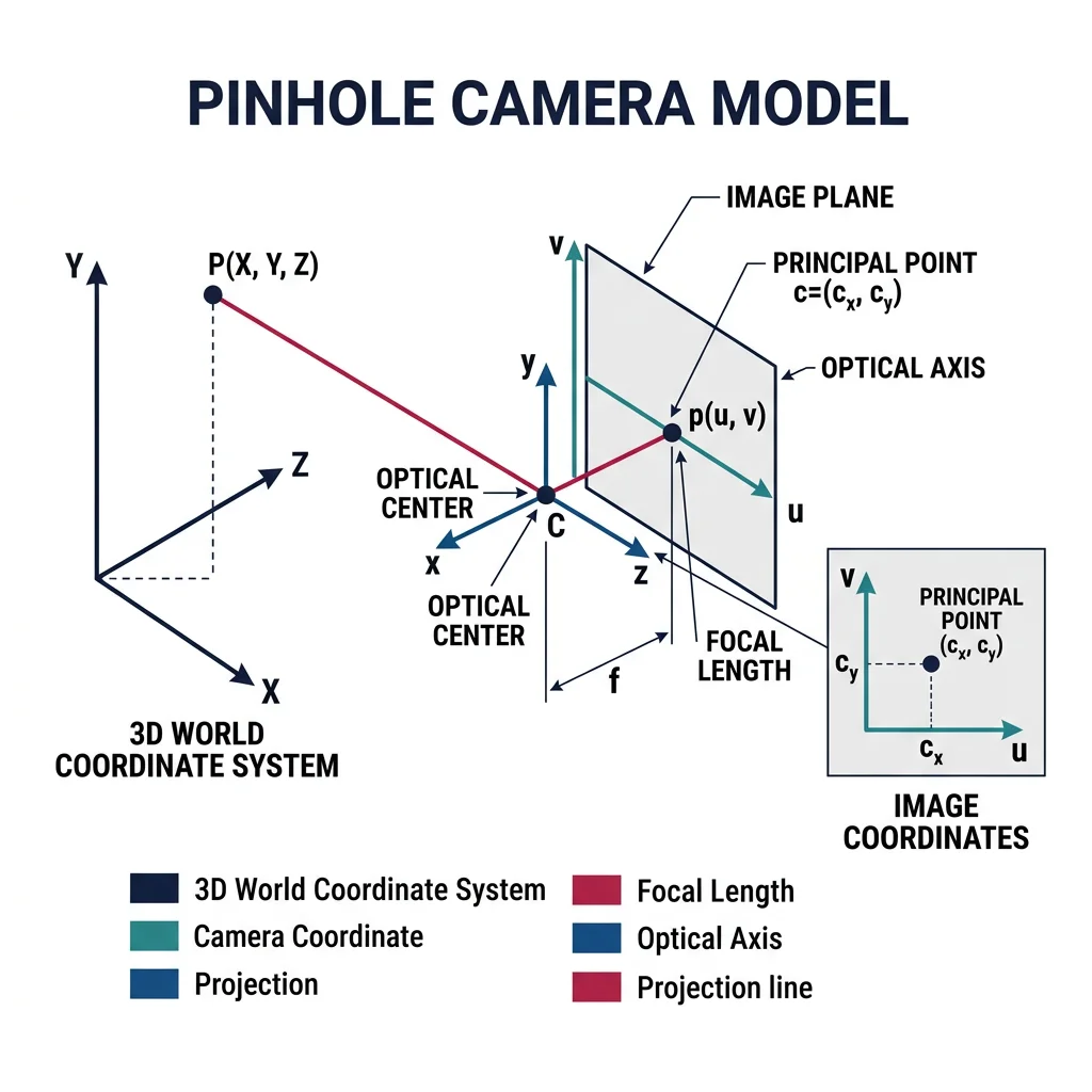Pinhole camera model diagram showing 3D world point projecting through focal point onto 2D image plane with intrinsic parameter labels