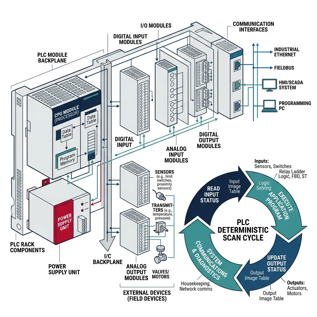 PLC architecture diagram showing CPU module, I/O modules, communication interfaces, and the deterministic scan cycle