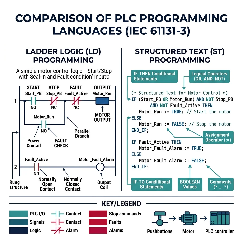 Comparison of PLC ladder logic diagram and structured text programming languages defined by IEC 61131-3