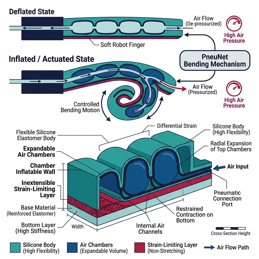 Cross-section diagram of a PneuNet pneumatic soft actuator showing air chambers, silicone body, and strain-limiting layer