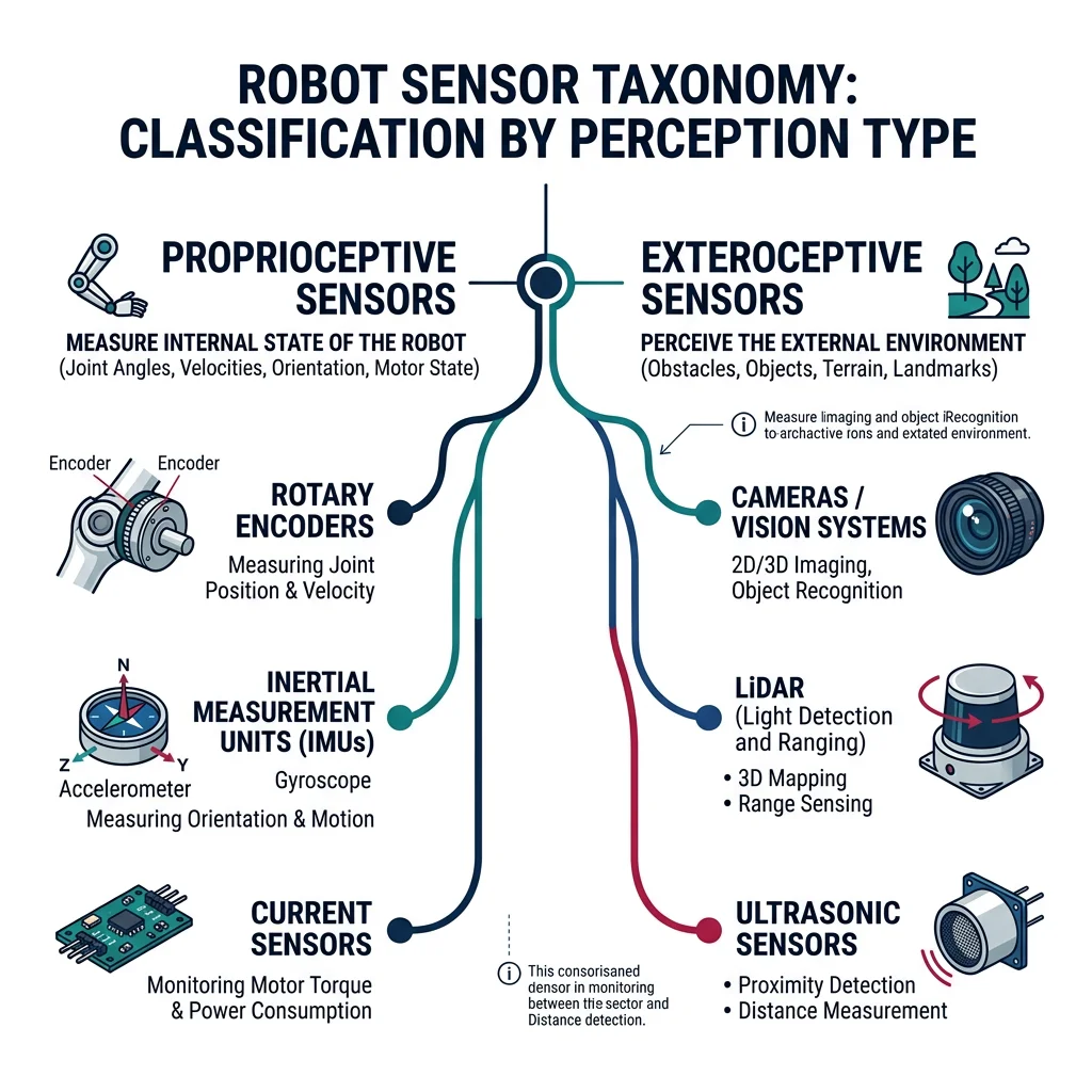 Diagram classifying robot sensors into proprioceptive (encoders, IMUs, current sensors) and exteroceptive (cameras, LiDAR, ultrasonic) categories with examples