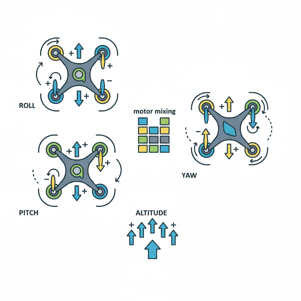 Quadcopter drone motor layout showing thrust vectors, roll-pitch-yaw control axes, and motor mixing matrix