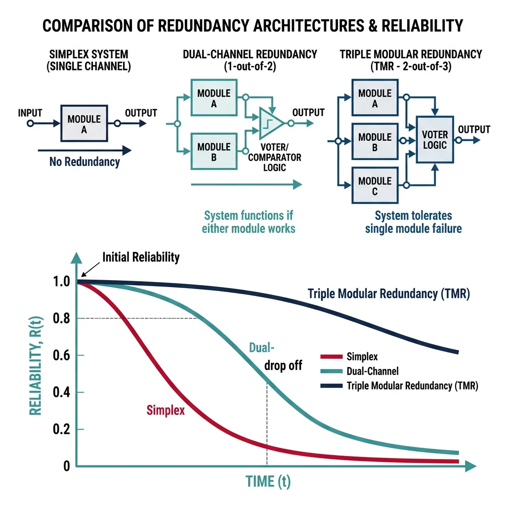 Redundancy architectures comparing simplex, dual-channel, and triple modular redundancy with reliability curves