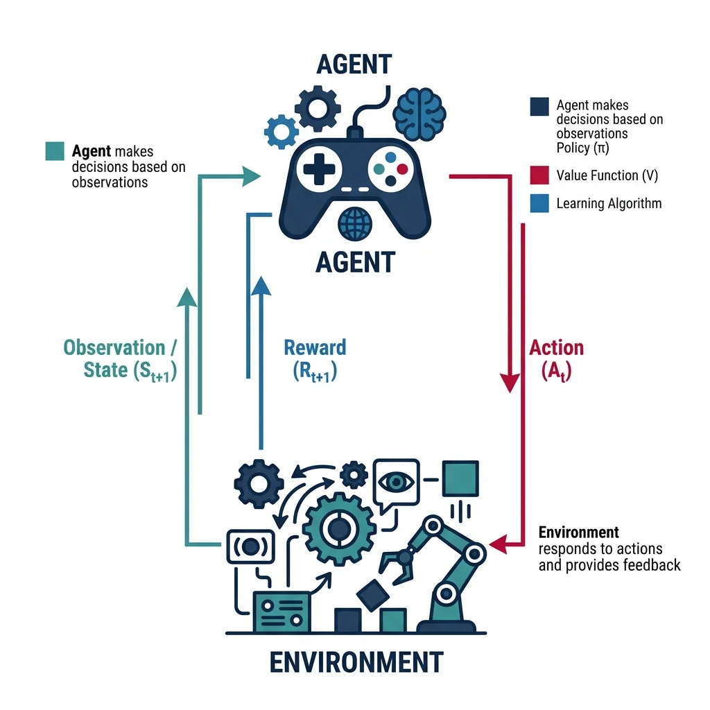 Reinforcement learning loop showing agent-environment interaction with states, actions, and rewards