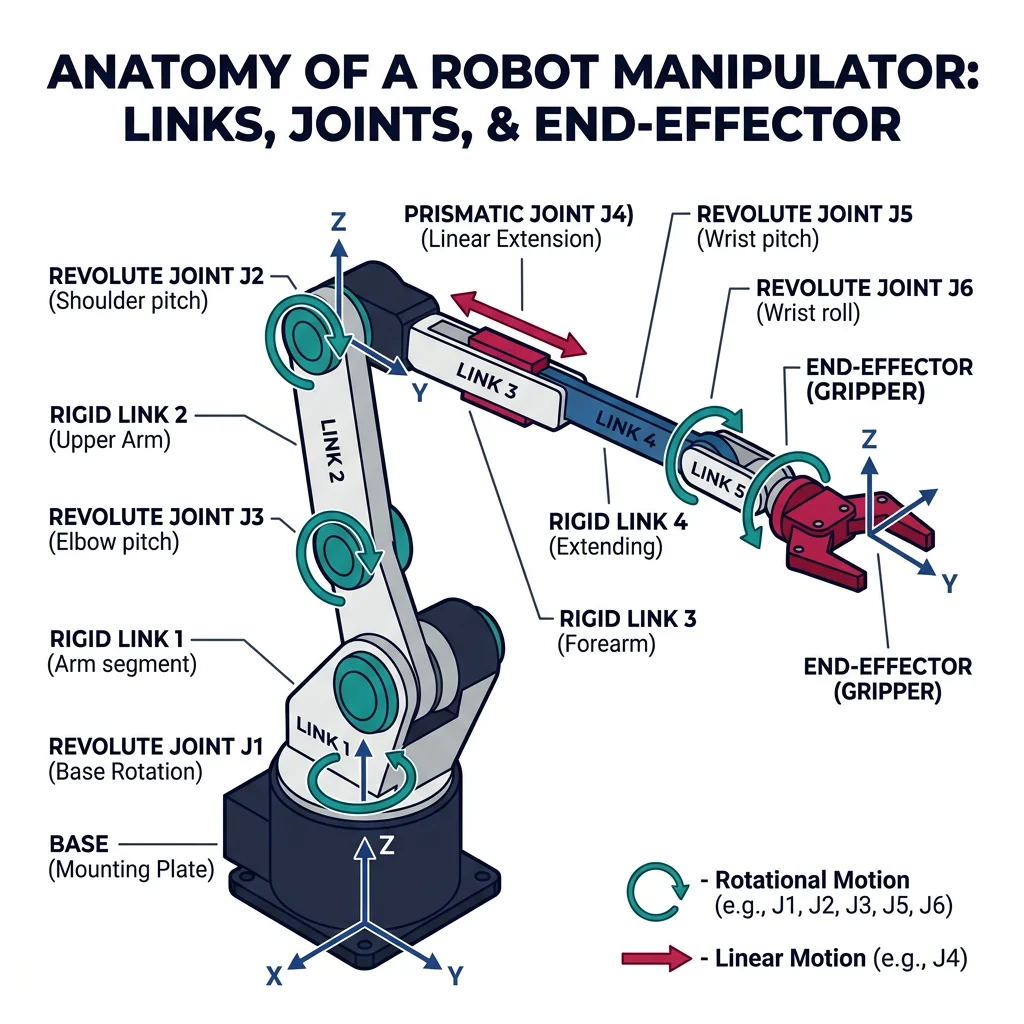 Annotated diagram of a robot manipulator showing links, joints, and end-effector