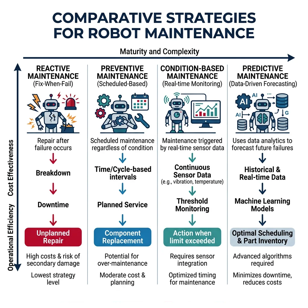 Chart comparing reactive, preventive, condition-based, and predictive maintenance strategies for robot lifecycle management