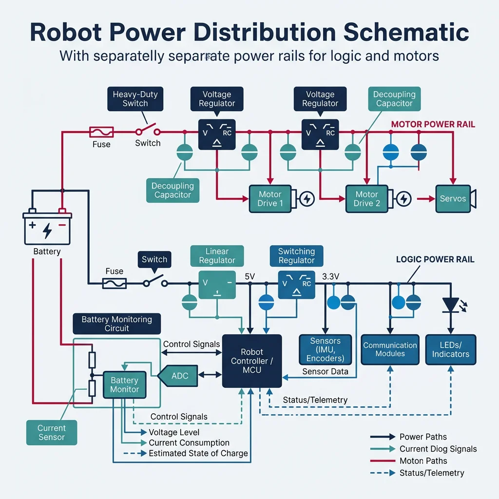 Robot power distribution schematic showing separate power rails for logic and motors, voltage regulators, decoupling capacitors, and battery monitoring circuit
