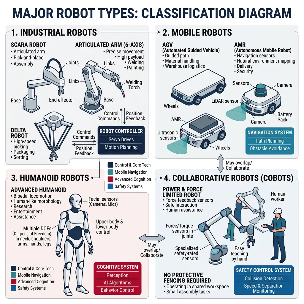 Classification diagram showing major robot types including industrial, mobile, humanoid, and collaborative robots