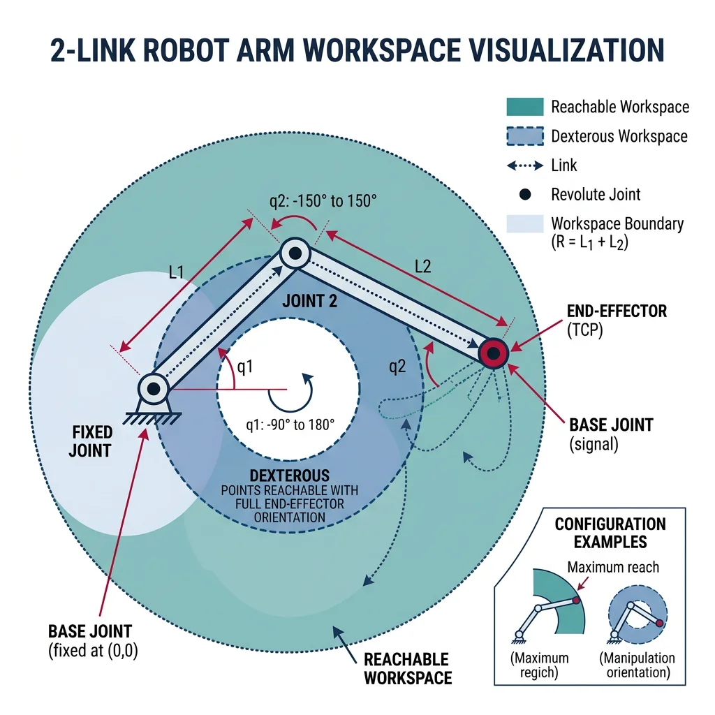 Workspace visualization showing reachable and dexterous workspace regions of a 2-link robot arm