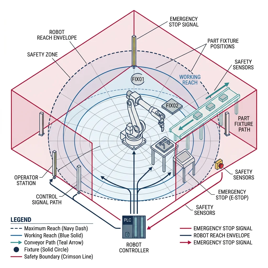 Robotic workcell layout showing robot reach envelope, fixture positions, conveyor paths, and safety zone boundaries