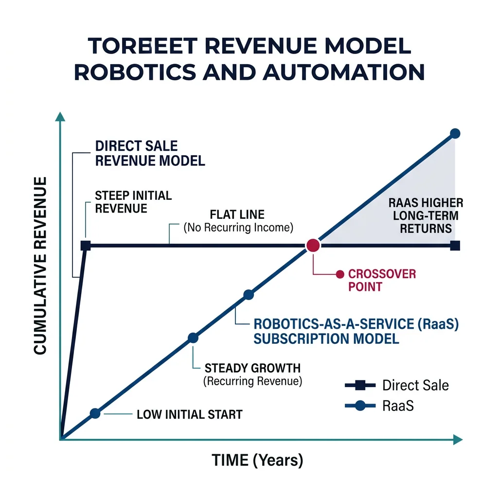 Revenue model comparison showing direct sale versus Robotics-as-a-Service subscription revenue curves over time
