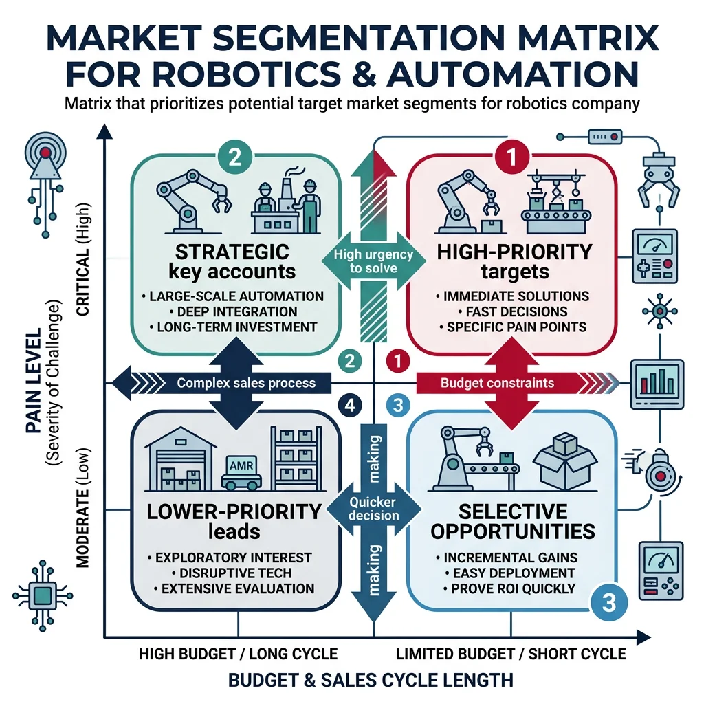 Market segmentation matrix showing robotics target segments by pain level, budget, and sales cycle length