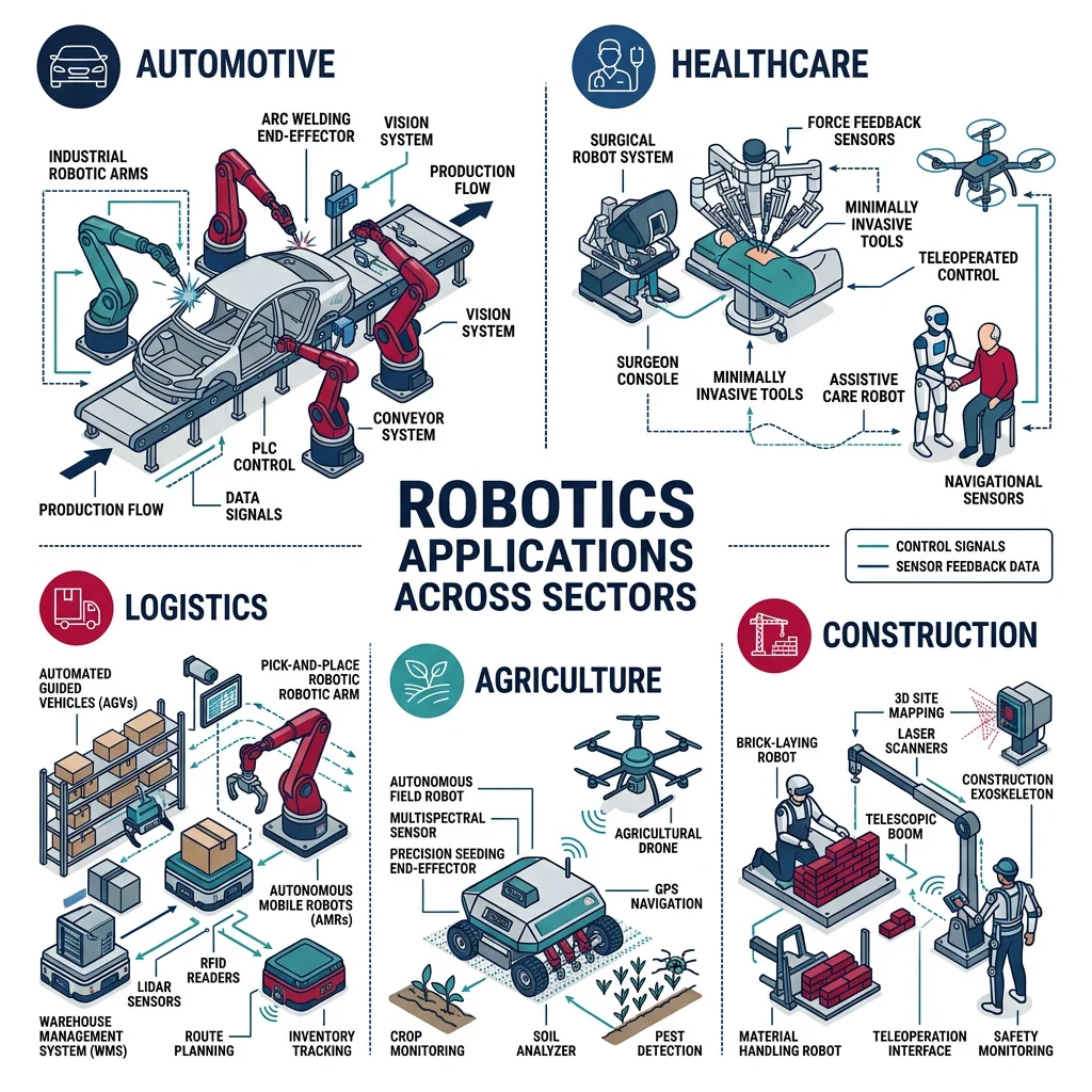 Infographic showing robotics applications across automotive, healthcare, logistics, agriculture, and construction sectors