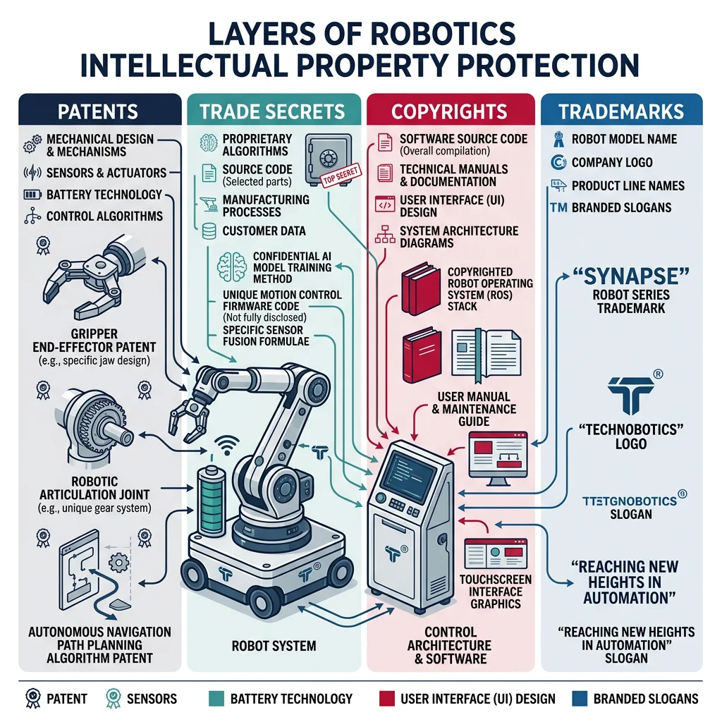 Layered diagram showing robotics intellectual property protection types including patents, trade secrets, copyrights, and trademarks