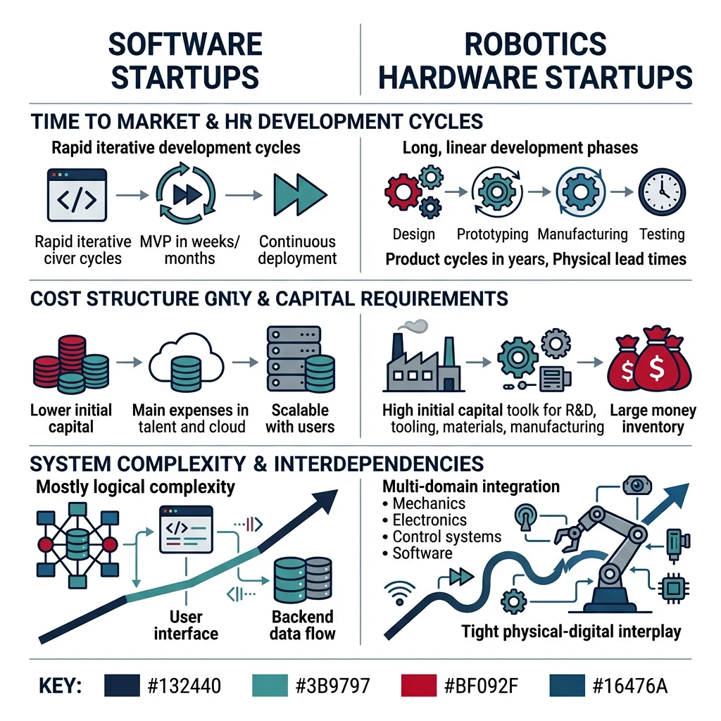 Comparison chart showing key differences between software startups and robotics hardware startups across time, cost, and complexity dimensions