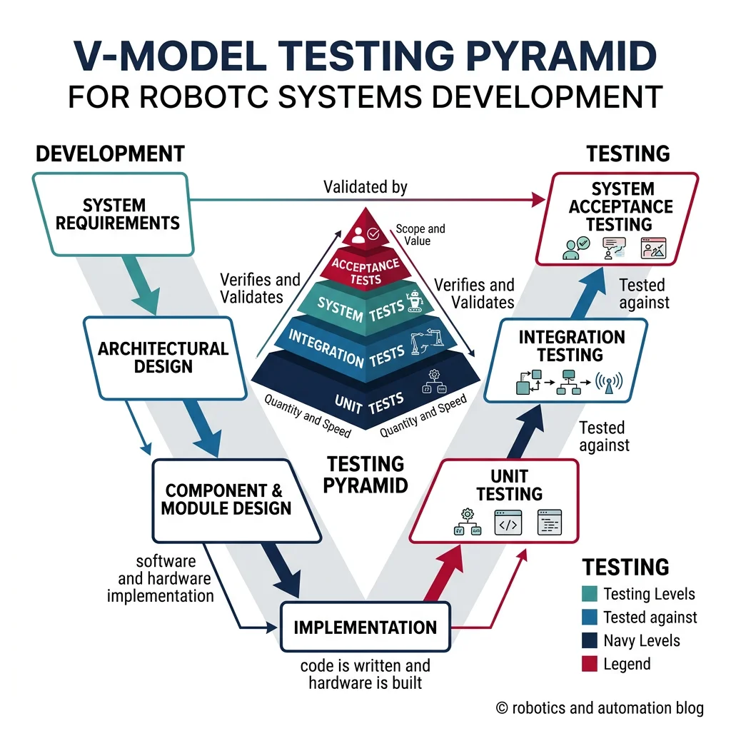 V-Model testing pyramid showing the progression from unit tests to system acceptance tests in robotics
