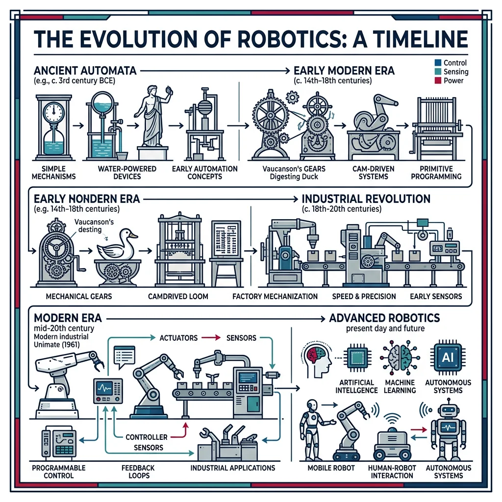 Timeline of robotics evolution from ancient automata through industrial revolution to modern era