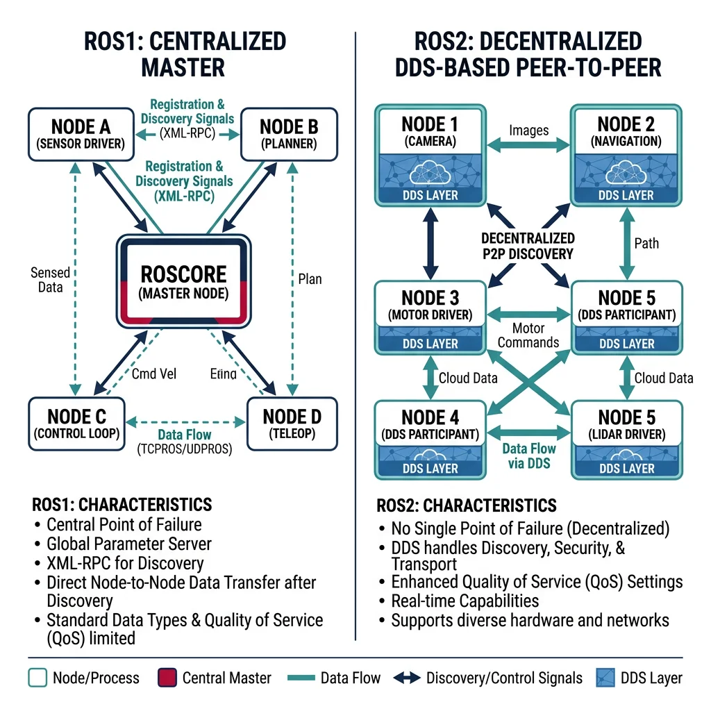 Architecture comparison of ROS1 with centralized roscore master node versus ROS2 with decentralized DDS-based peer-to-peer discovery