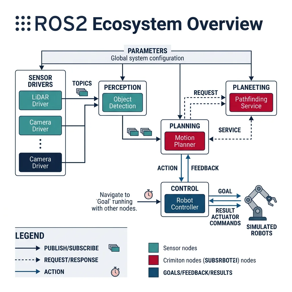 ROS2 ecosystem overview showing nodes, topics, services, and actions connecting sensor drivers, perception, planning, and control modules