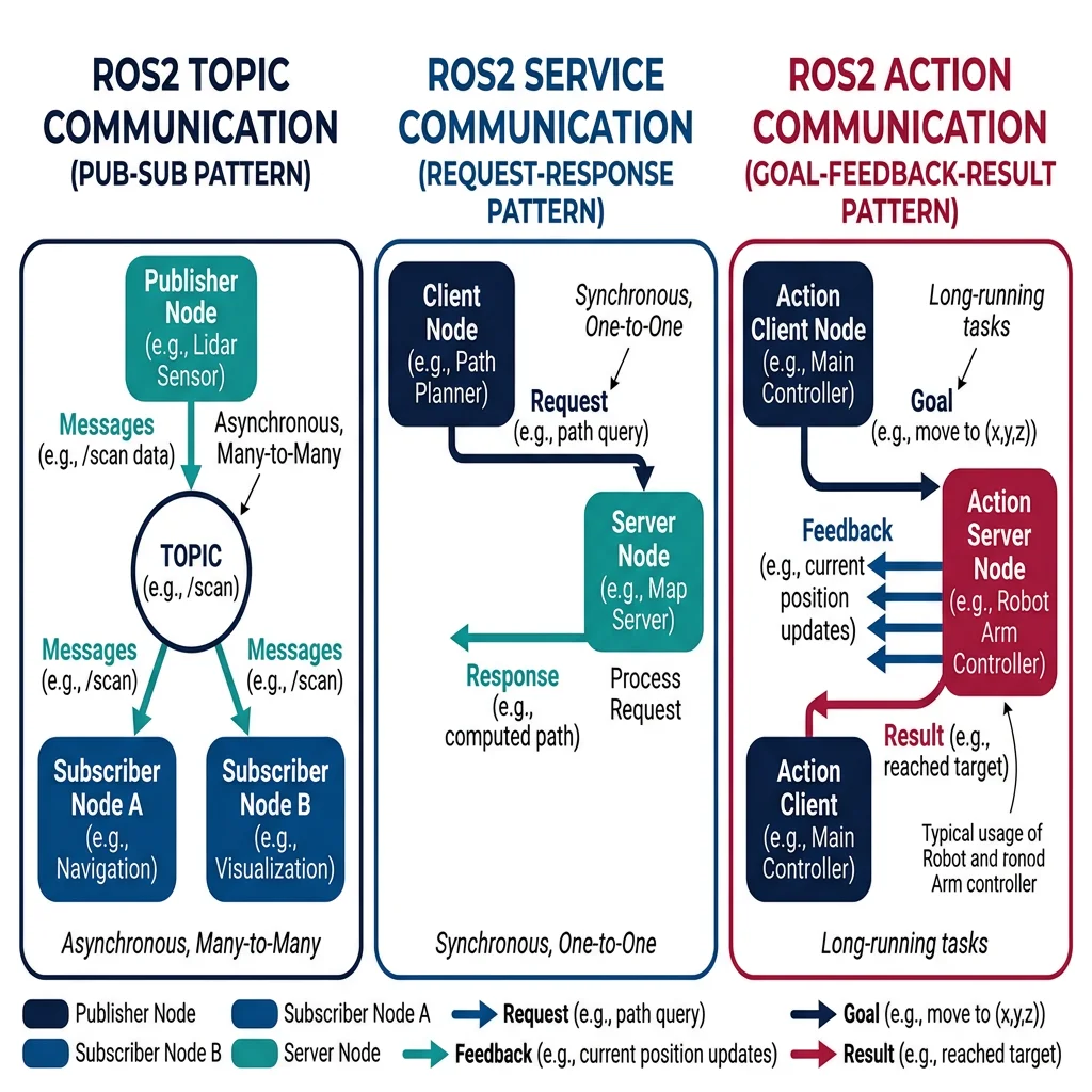 ROS2 communication paradigm diagram showing topic pub-sub, service request-response, and action goal-feedback-result patterns with example message flows