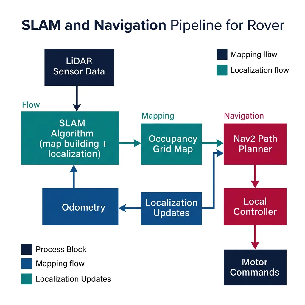 Flowchart showing the SLAM and navigation pipeline from LiDAR input through map building to autonomous path planning