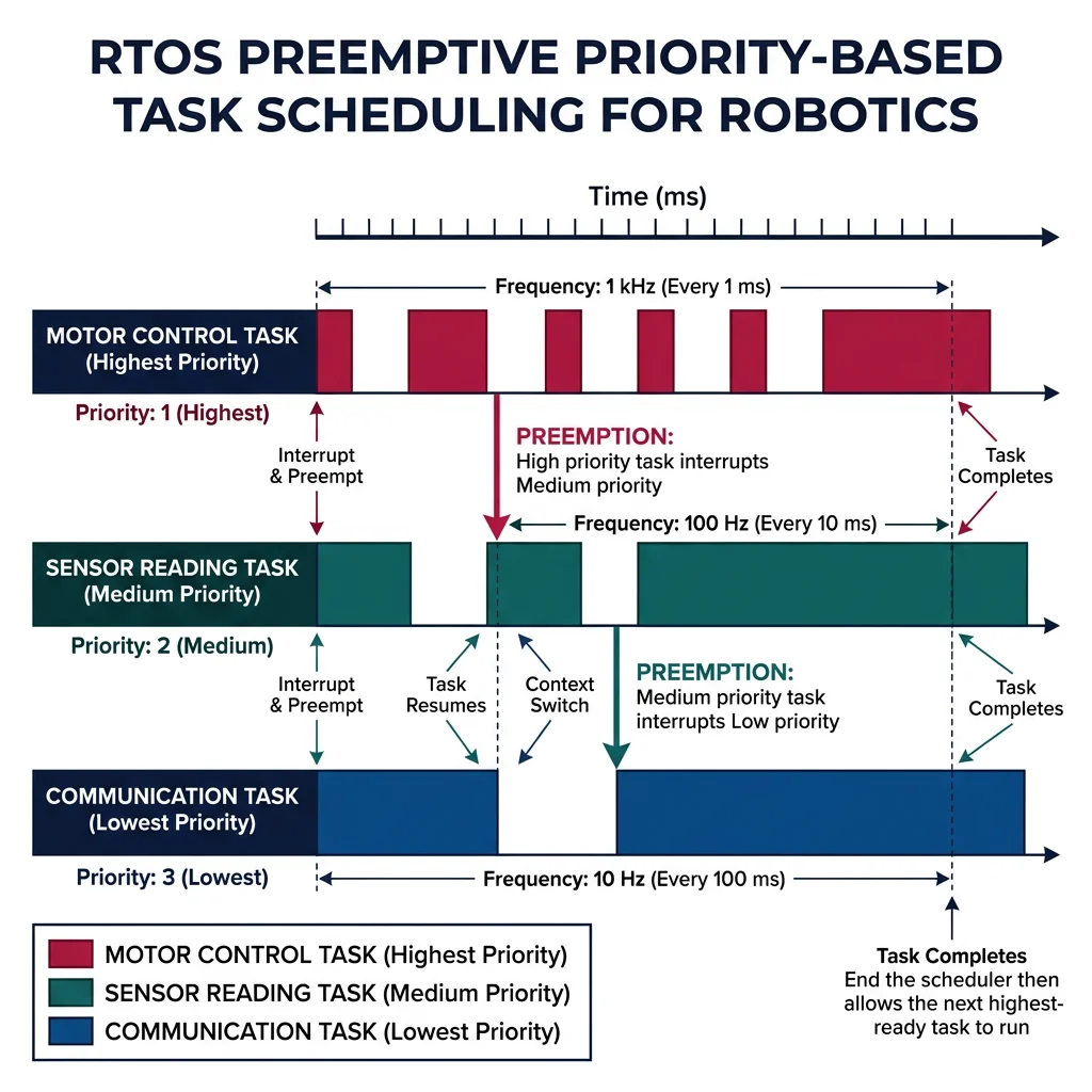 RTOS task scheduling diagram showing preemptive priority-based scheduling with high-priority motor control task interrupting lower-priority sensor and communication tasks