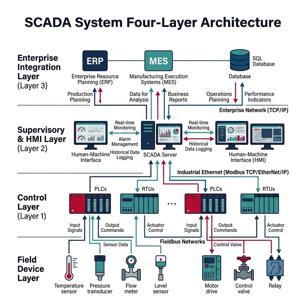 SCADA system four-layer architecture showing field devices, PLCs, supervisory servers, and enterprise integration