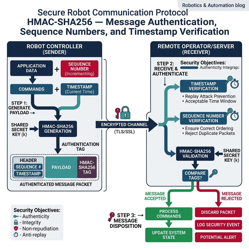 Secure robot communication protocol showing HMAC-SHA256 message authentication, sequence numbers, and timestamp verification