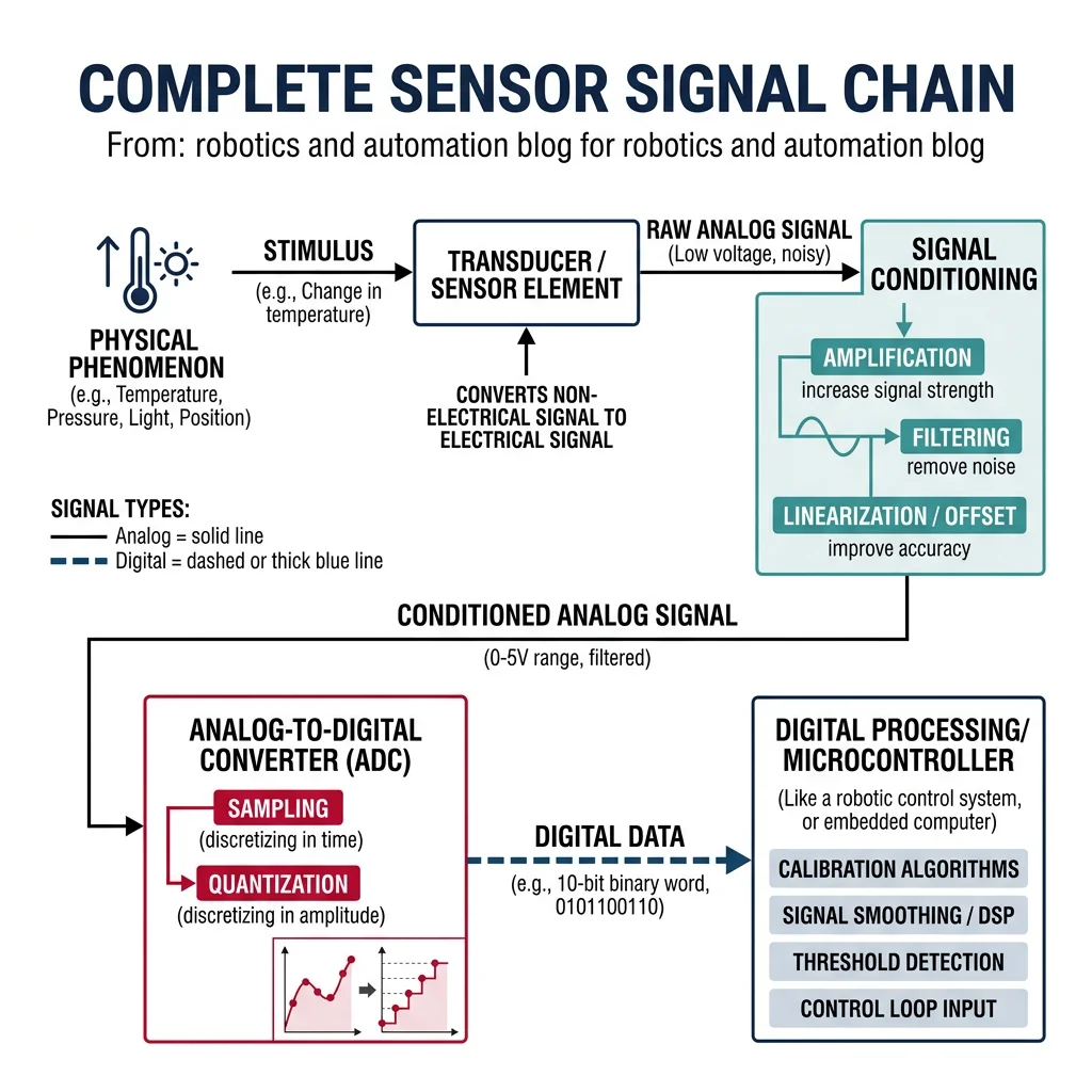 Flowchart showing the sensor signal chain from physical phenomenon through transducer, signal conditioning, ADC, to digital processing