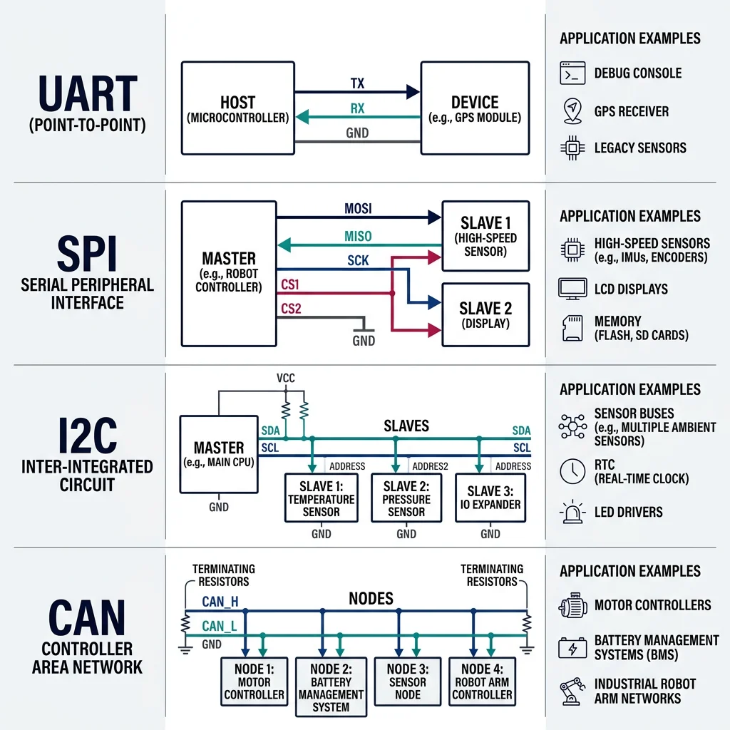 Comparison diagram of UART, SPI, I2C, and CAN serial protocols showing wiring topology, signal lines, and typical robotics applications for each