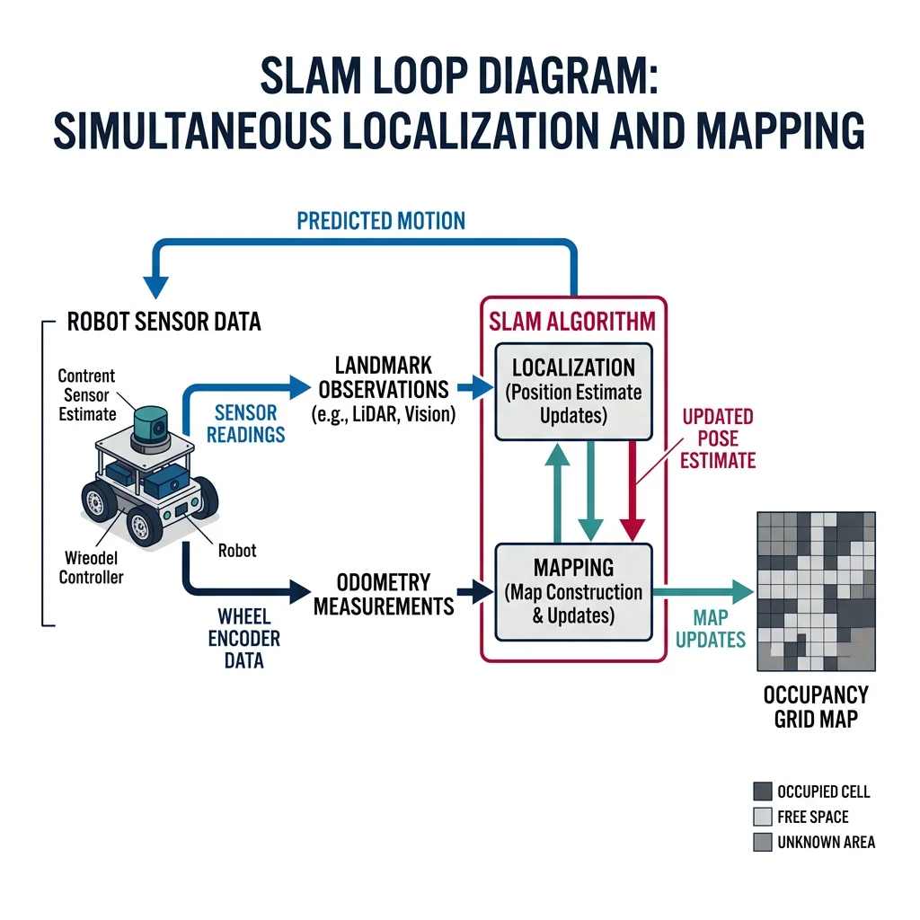 SLAM loop diagram showing a mobile robot simultaneously building an occupancy grid map while localizing itself using landmark observations and odometry