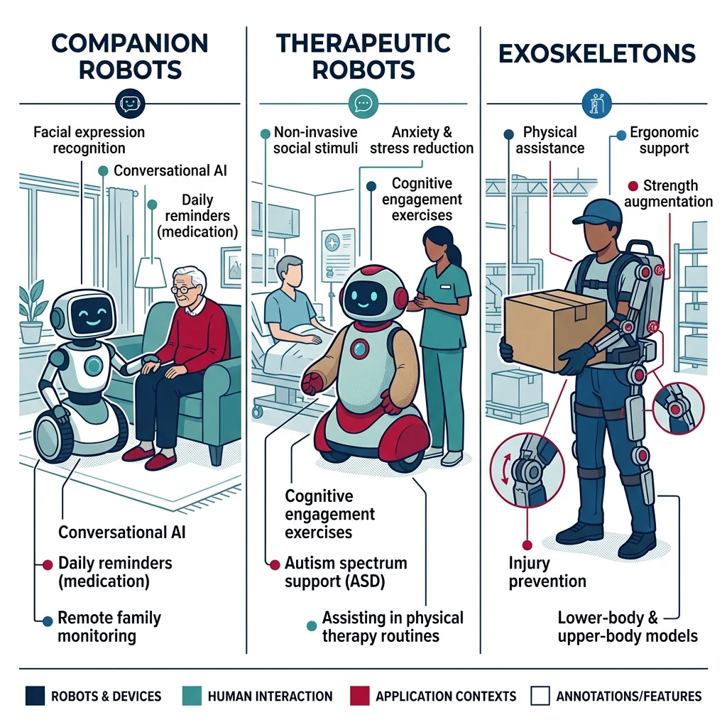 Social and assistive robots including Pepper, NAO, PARO therapeutic seal, and ReWalk exoskeleton in their application contexts