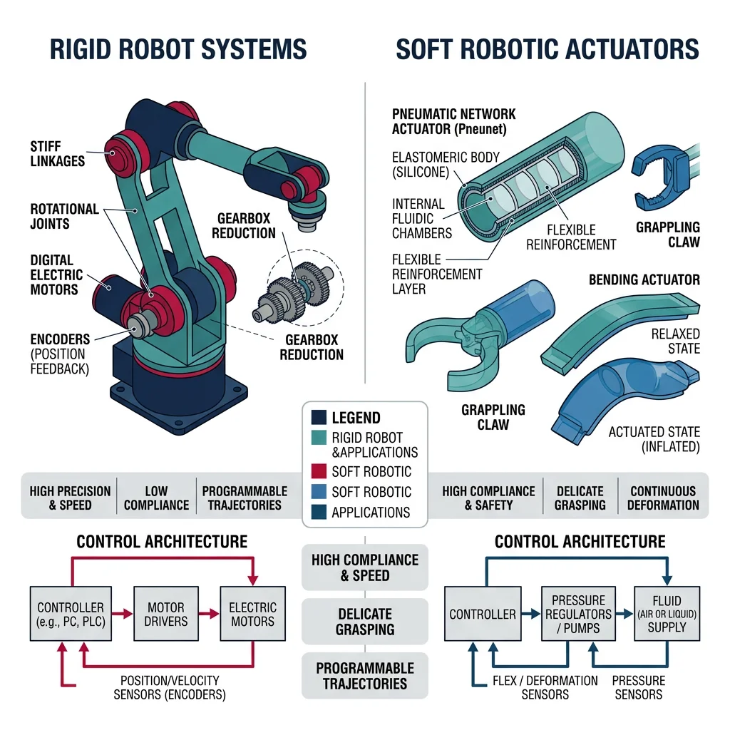 Illustration comparing rigid robot structures with soft robotic actuators made from elastomers and silicone