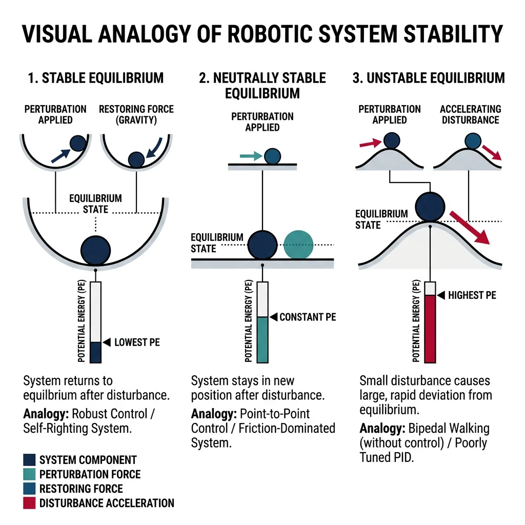 Visual analogy of stability showing a ball in a bowl (stable), on a flat surface (marginally stable), and on a hill (unstable)