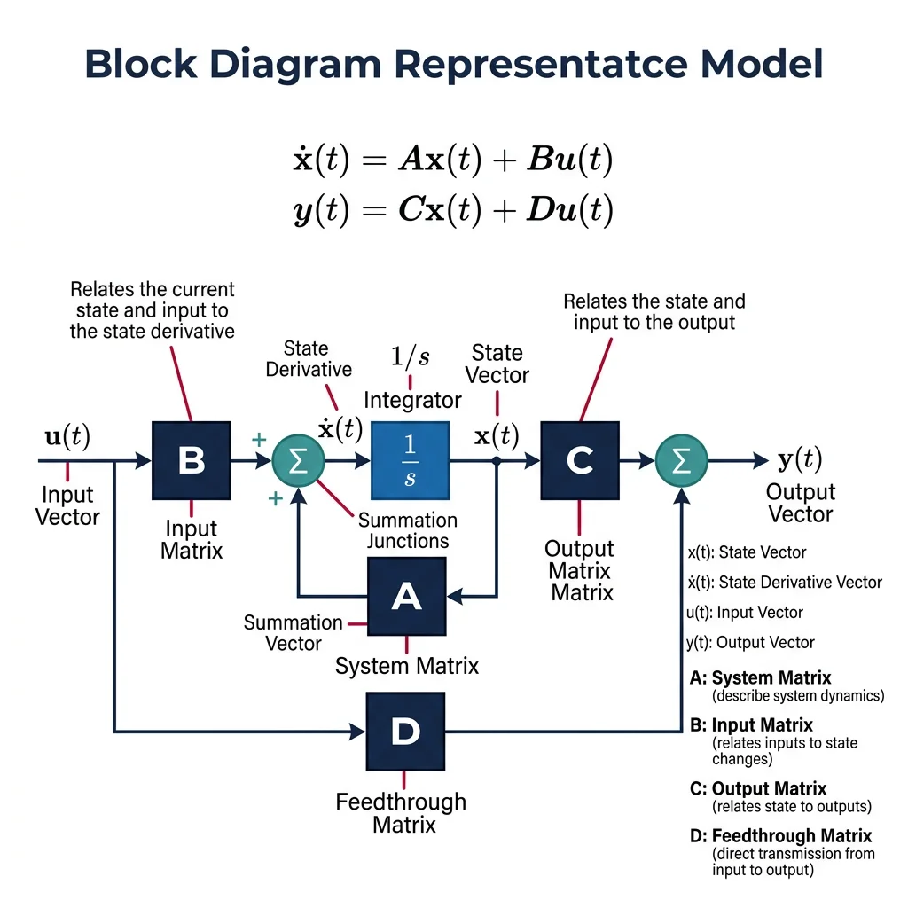State-space model block diagram showing system matrix A, input matrix B, output matrix C, and feedthrough matrix D