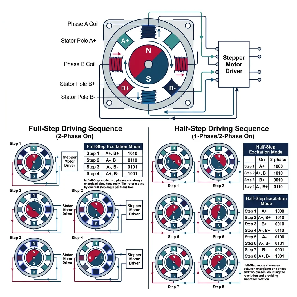 Stepper motor full-step and half-step coil energization sequences showing how stator poles activate in sequence to rotate the rotor