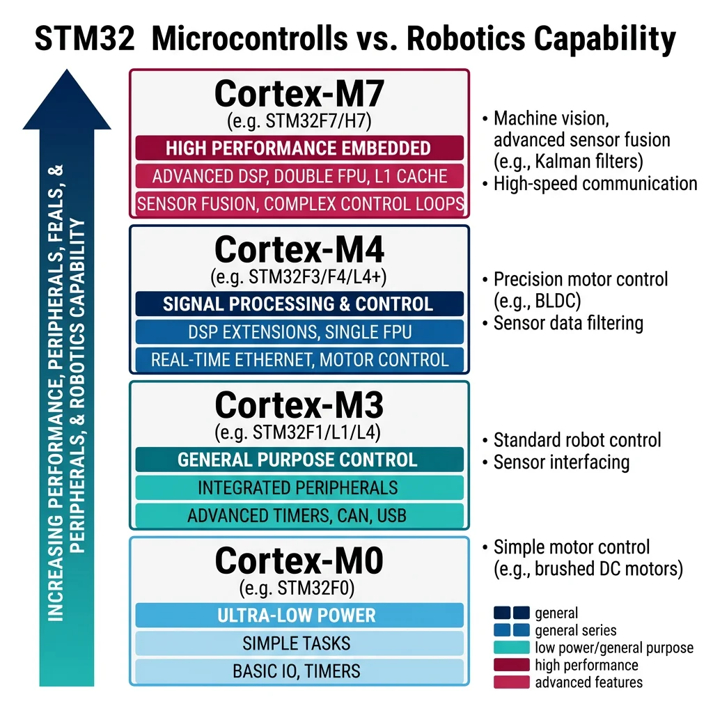 STM32 microcontroller family hierarchy showing Cortex-M0, M3, M4, and M7 series with increasing performance, peripherals, and robotics capability