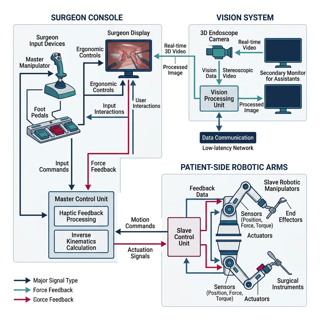 Architecture diagram of a surgical robot teleoperation system showing surgeon console, vision system, and robotic arms