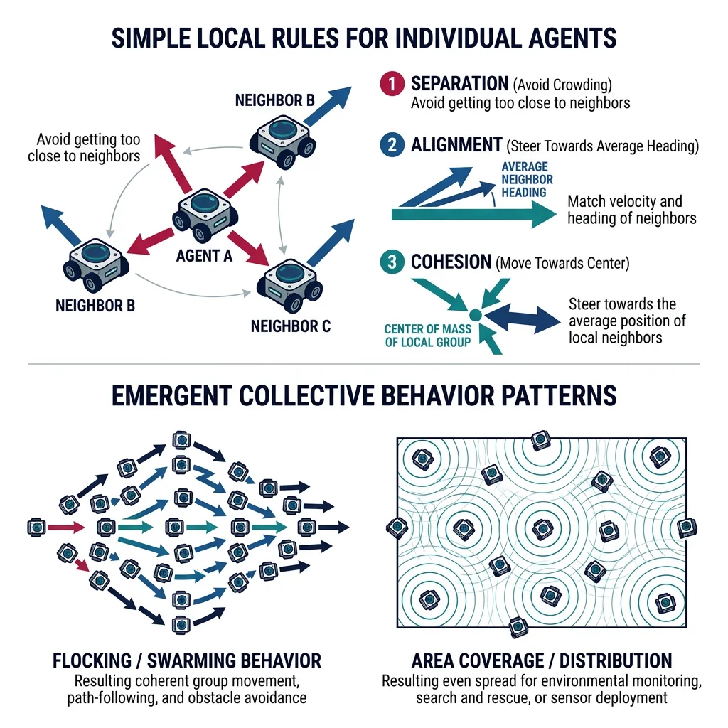 Visualization of swarm robotics showing individual agents following local rules producing emergent collective behavior patterns